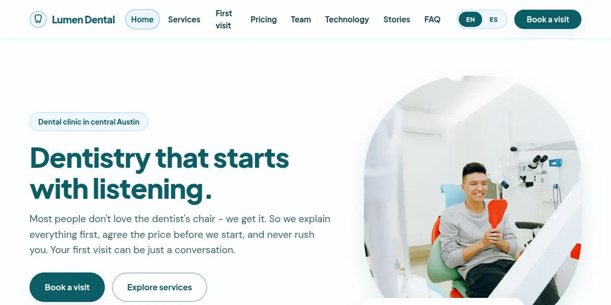 Dental clinic website concept build: Lumen Dental