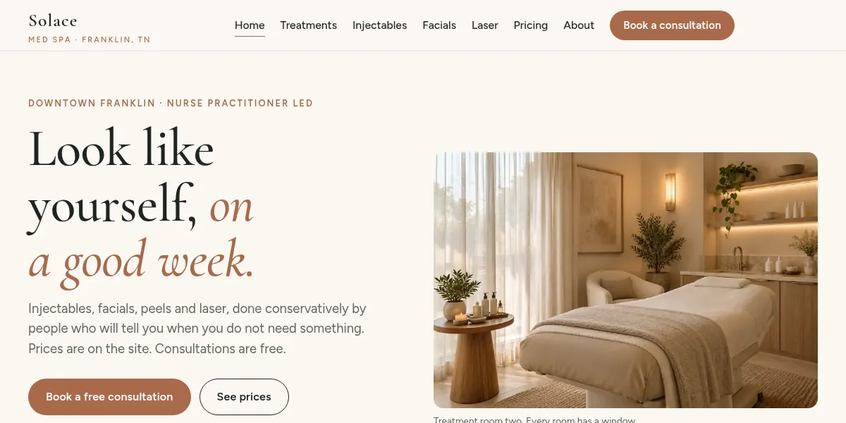 Med spa website concept build: Solace Med Spa