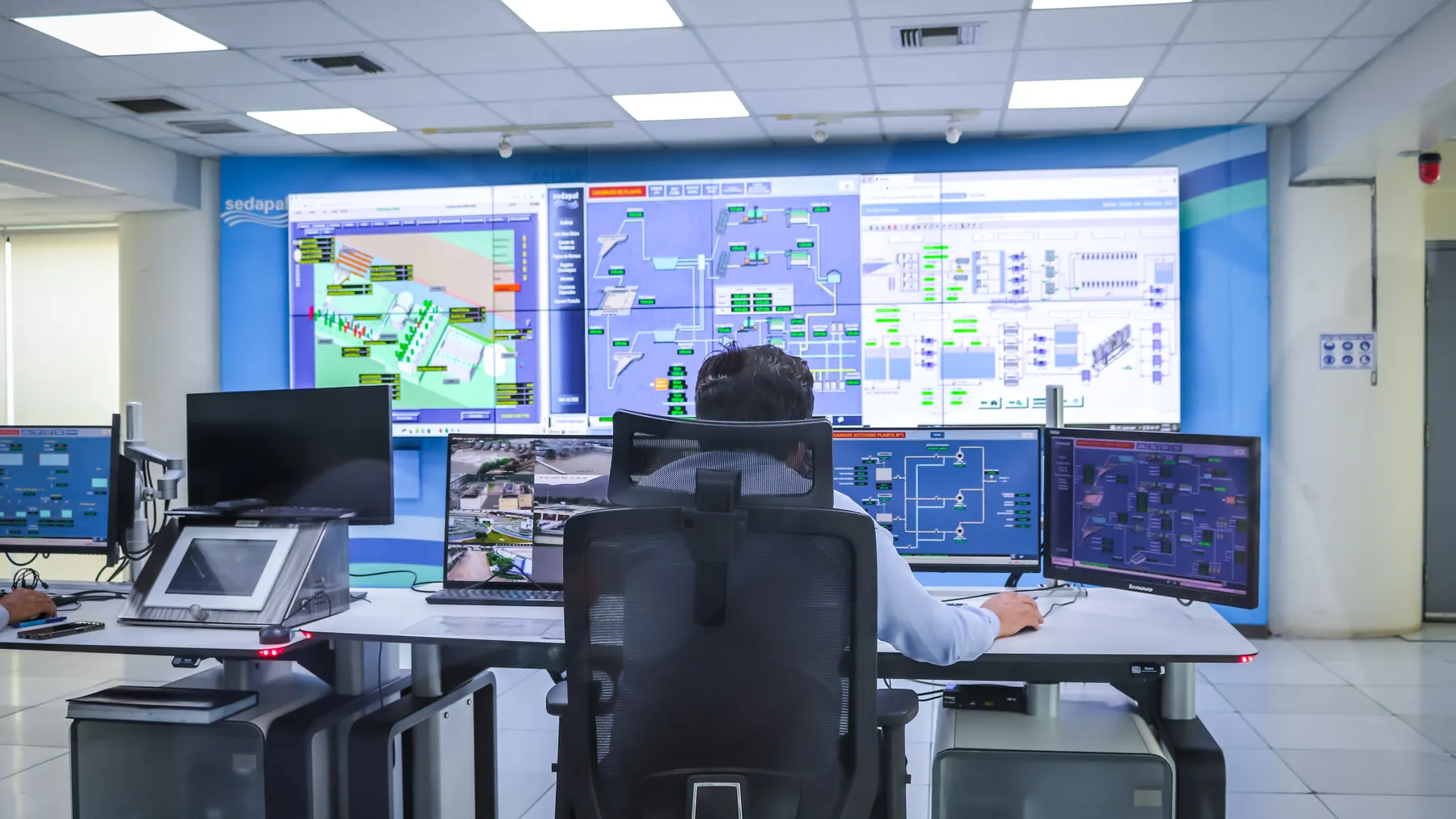 Operations control room with rows of desks and wall-mounted status screens