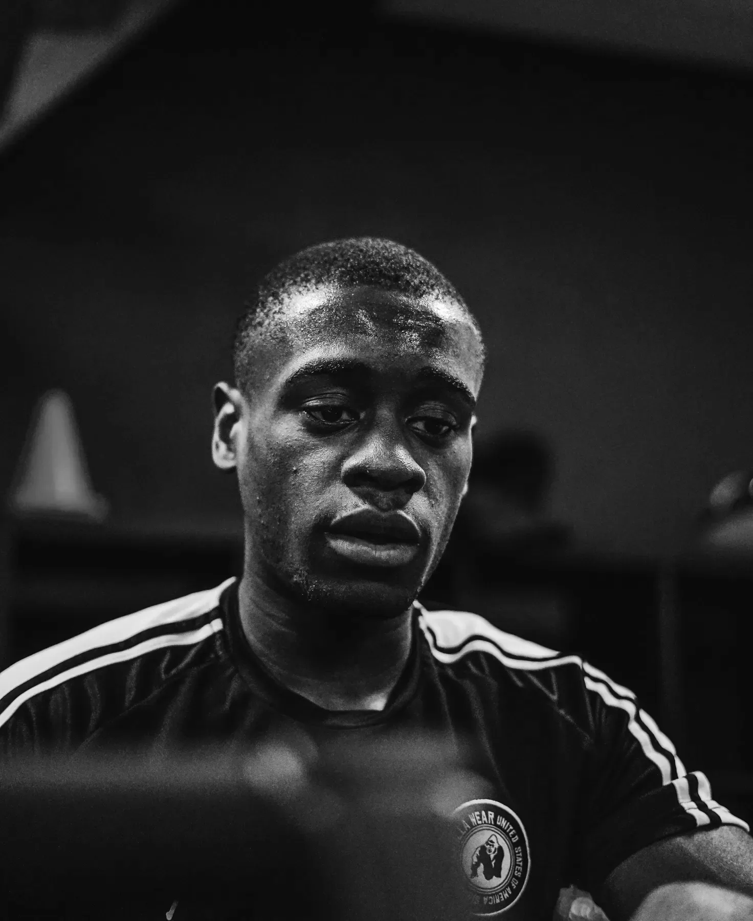 Jordan on day one at Forge Fitness, black-and-white photo