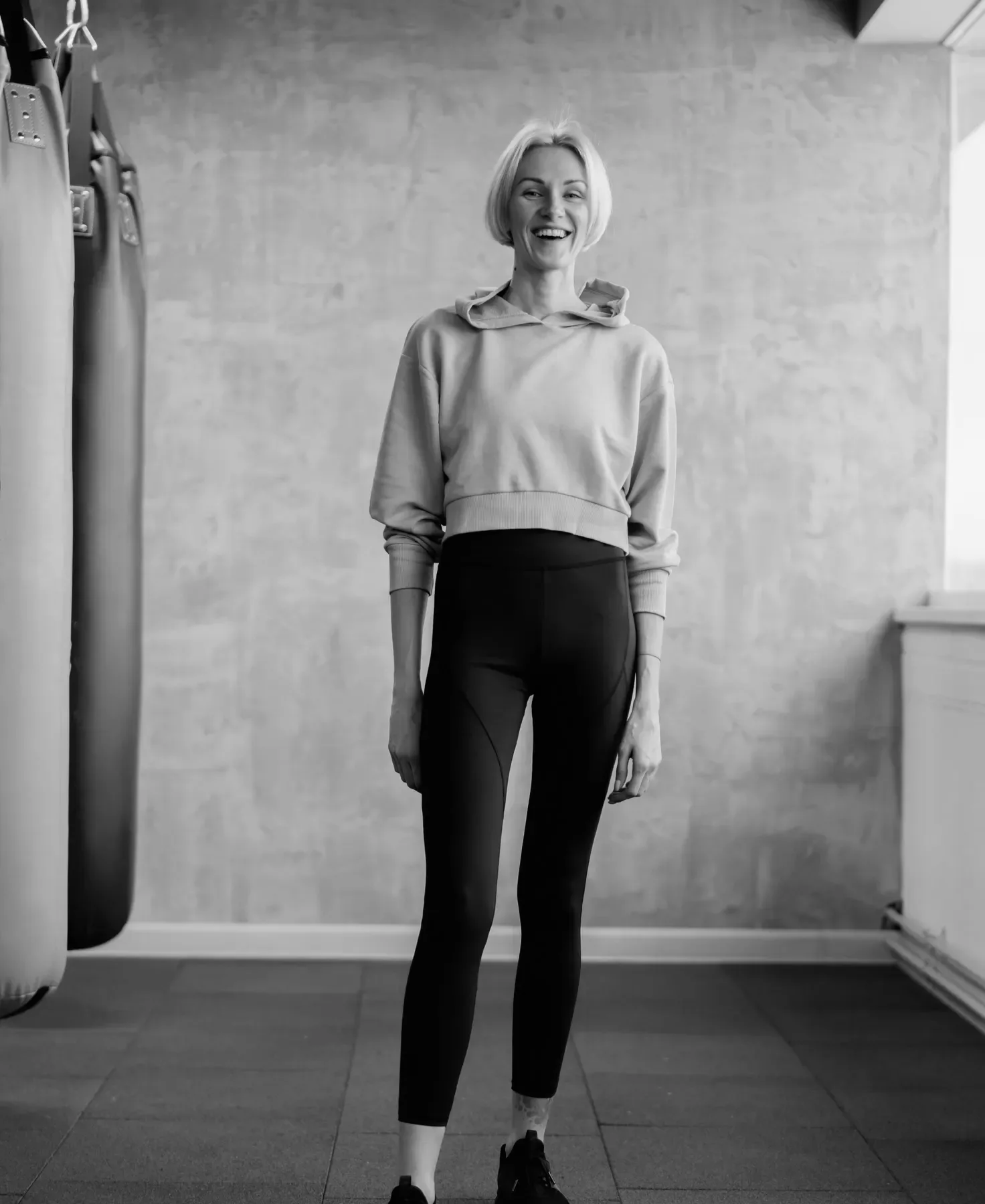 Megan on day one at Forge Fitness, black-and-white photo