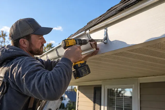 A roofer fastening a new seamless aluminum gutter to the fascia of a home