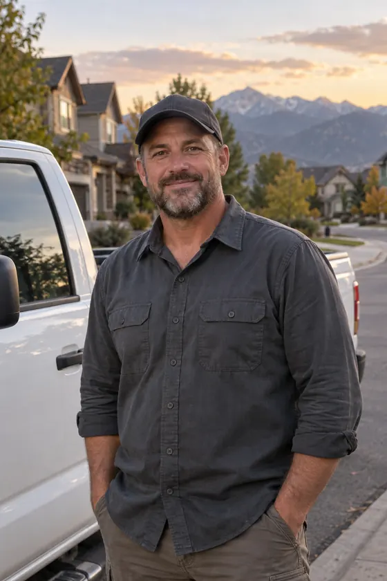 Mark Delgado, owner of Ridgeline Roofing, standing beside his work truck on a residential street