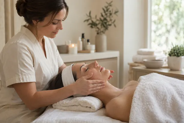 An aesthetician performing a facial on a relaxed client at Solace, in soft window light
