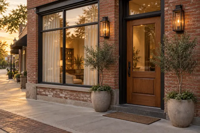 The brick front of Solace on Third Avenue in downtown Franklin, with olive trees at the door